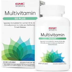 GNC Women’s 50 Plus Multivitamin Caplets ، أثبتت سريريًا أنها تشعر بتحسن ، فيتامين D-3 ، المناعة ، العظام القوية ، الذاكرة ، الحدة العقلية ، الرؤية ، البيوتين ، الإصدار الموقوت ، 120 CT ، 60 SVGS