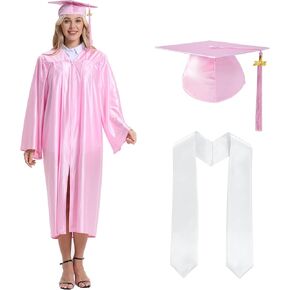 Unisex Shiny Pink Graduation Gown Cap with Tassel 2025 Year Charm and White Stole for High School and College Graduates Size 48(5'3"-5'5")