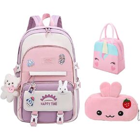 3pcs Girls Backpack, Kawaii School Backpack For Kids Children With Lunch Bag and Pencil Case (rabbit-blue)