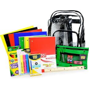 School Supply Boxes | 17" Clear Backpack Bundle for Elementary School | Back to School Bookbag with Supplies | Contains Crayons, Colored Pencils, Ruler, Disappearing Glue, Notebooks, and more