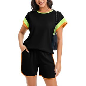 Womens 2 Piece Color Block Outfits Set Short Sleeve Pullover Tops Shorts Sets Lounge Tracksuit Set