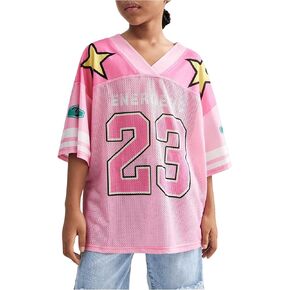 Floerns Girl's Jersey Shirt Printed Oversized Short Sleeve Mesh Tee Shirts V Neck Sport Jersey Shirts