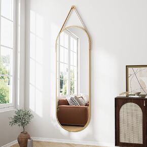 Full Length Mirror, Oval Wall Mounted Mirror, 48"x16" Door Mirrors with Hanging Leather Strap, Wall Mirrors Full Length with Aluminum Frame for Bathroom Living Room Entryway (Gold)