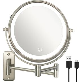 JANEEVA 8" Wall Mounted Lighted Makeup Mirror,Rechargeable Double Sided 1X/10X Magnifying Mirror with 3 Color Lights,Touch Dimmable Bathroom Vanity Mirror with 360°Swivel Extendable Arm Matte Black