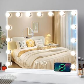Cooljeen Hollywood Vanity Mirror مع 15 لمبة قابلة لل dimmable ومنفذ شحن USB ، و 3 ألوان مرآة مكياج مضاءة مع تكبير 10x ، الطاولة