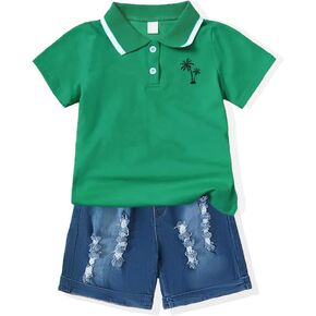 Kids Toddler Boys Summer Short Sleeve Polo T-Shirts＋Denim Jeans Shorts 2 Pieces Outfits Sets