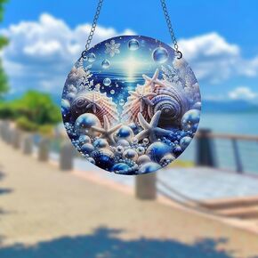 Sea Life Shell Acrylic Window Hanging Blue Ocean Marine Animal Stained Suncatchers for Window Acrylic Panels Bedroom Garden Kitchen Wall Decoration Gifts for Women Mom Grandma Teacher