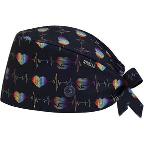 EKG Heartbeat Double-Sided Printed Scrub Caps for Men and Women with Buttons, Adjustable Static-Resistant Medical Hats, Classic and Breathable Surgical Caps with Sweatband for Long Hours