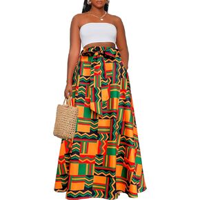 Afibi Womens عرضية عالية الخصر التعادل Afican طباعة طويلة maxi تنورة مع جيوب