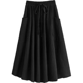 Lyking Women's Casual High Waist Pleated A-Line Midi Skirt with Pocket