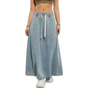Womens Casual Paperbag Elastic High Waist A-Line Maxi Denim Skirt