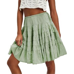 Womens Tiered Boho Pleated Drawstring Waist Knee Length Flowy Midi Short Skirts