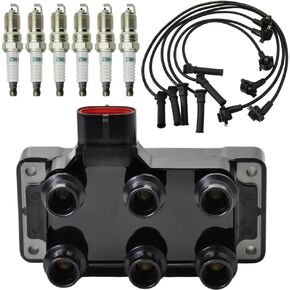 Set of 1 DG452 Ignition Coil Pack & 6PCS Spark plugs & wires Compatible with 1990-2011 Ford Mustang Ranger Aerostar Econoline Explorer Mystique Mystique Sable Taurus Mazda 626 Replacement of FD480