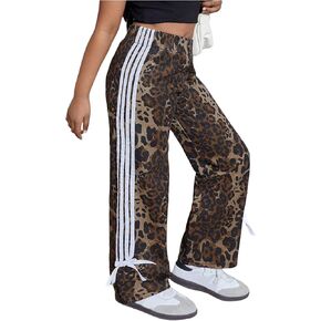 Floerns Girl's Cheetah Print Long Pants Striped Side Bowknot Baggy Wide Leg Trousers