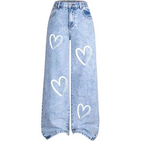 GORGLITTER Girl's Cute Heart Print Jeans Zipper Fly Wide Leg Denim Pants with Pockets