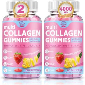 Multi Collagen Peptides Gummies, Type I, II, III, V, X - Hydrolyzed Collagen Peptides with Biotin, Hyaluronic Acid, Supports Healthy Skin, Strong Nails & Thick Hair, 60 Count, 1 Pack