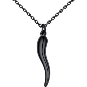 U7 Italian Horn Necklace for Men Women,Stainless Steel/Black/Gold Horn Necklace,Lucky Amulet Cornicello Pendant