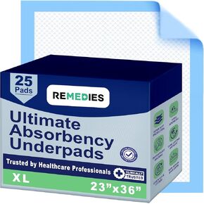 REMEDIES - Bed Pads Disposable Adults, Seniors, Kids & Puppy Pads - 30"x36" Large Disposable Underpads - 25 Count Incontinence Underpads for Beds & Furniture, Dog Pee Pads, Dogs Chucks Pads