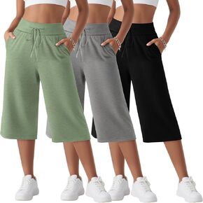 Neer 3 Pack Women's Capri Yoga Pants Cotton Wide Leg Drawstring Loose Sweatpants Comfy Lounge Cropped Pants with Pockets
