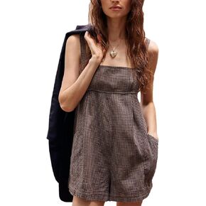 Womens Summer Casual Loose Plaid Rompers Strap Square Neck Backless Sleeveless Short Jumpsuit Overalls Dress