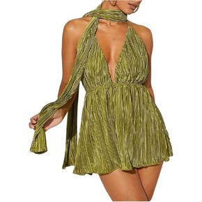 Milumia Women's Textured Low Cut Halter Neck Dress Crisscross Backless Sexy Summer Dresses Rompers