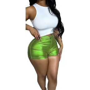 Women Metallic Faux Leather Shorts, Sexy High Waisted Stretch PU Shorts