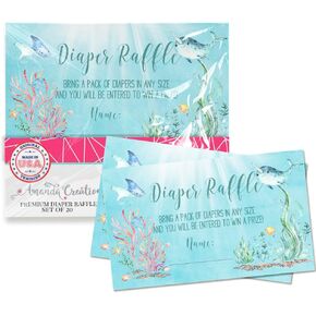 Underwater Cute Sea Life Diaper Raffle Tickets for Baby Showers, 20 2" X 3" Double Sided Insert Cards for Games by Amanda Creation, Bring a Pack of Diapers to Win Favors & Prizes!