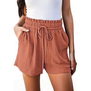 Hody Lovy Linen Beach Vacation Shorts for Women Dressy Casual Summer Outfits High Waisted Lounge Comfy Wide Leg Loose, Rust L