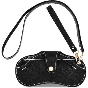 Soft Leather Sunglasses Bag, Portable Leather Glasses Case Holder, Slim Eyeglasses Pouch with Strap for Women Men