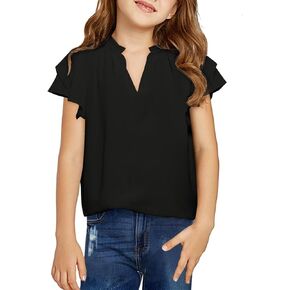 Haloumoning Girls Ruffle Short Sleeve T Shirts Casual V Neck Chiffon Blouse Cute Summer Tops 5-14Y