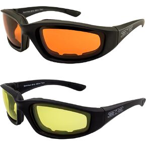 Epoch Eyewear Foam Padded Motorcycle Sunglasses 2 Pair Black Frame w/Amber Lens & Yellow Lens
