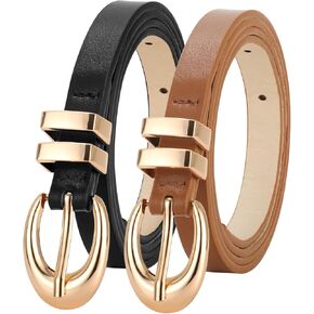 WERFORU 2 Pack Women Skinny Belts for Jeans Dresses Ladies Thin Leather Waist Belt with Gold/Silver Buckle,0.5" Width