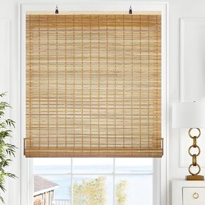 LazBlinds Cordless Bamboo Blinds, Roll Up Shades for Windows, Light Filtering Hanging Window Patio Indoor/Outdoor Porch - Blinds Size: 26 1/5'' W x 72'' H, Carbonized (BAM-KKJL-28)