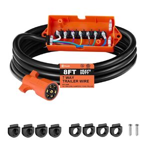 SAE 7 Way Trailer Plug Cord Wiring Harness مع صندوق الوصلات ، موصل شحنة مزدوج للماء ، Control Light & Brake 7 كابل مقطورة مضمّن لـ SAE Standard (8ft)