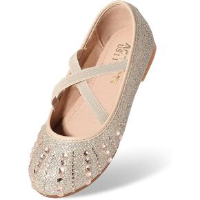 Toddler Girls Dress Shoes Sparkle Rhinestone Flower Girls Mary Jane Slip-On Ballet Flats for School, Wedding, Party
