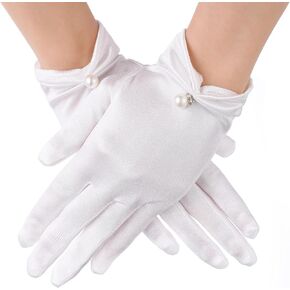 Short Satin Gloves for Women Wrist Length Pearl Bridal Wedding Gloves Opera Uniform Banquet Tea Party Tuxedo Dress 1920s