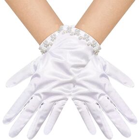 Women's Pearl Short Satin Gloves Wrist Length Opera Tea Party Gloves for Wedding Bridal Banquet Costume