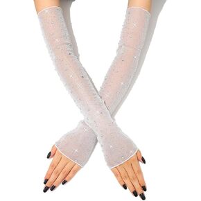 JAKAWIN Rhinestone Mesh Wedding Gloves Crystal Bridal Arm Sleeve Fingerless Gloves for Women