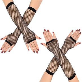 2 Pairs Fishnet Gloves Women's Mesh Fingerless Gloves for 80s Costume Theme Party, Black, Long