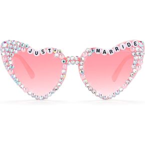 Etercycle Heart Sunglasses, Just Married Women's Sunglasses Bride Gifts, Bridal White Glasses Vintage Pearl Sun Glasses For Bachelorette Party Decorations