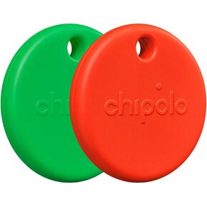 Chipolo POP Tracker Tag - Colorful, Compatible, Loud Bluetooth Tracker with Call Your Phone & Out of Range Alert, Works with Apple Find My or Google's Find My Device - 2 Pack (Red, Green)