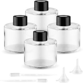 4Pcs 100ml Empty Reed Diffuser Bottles with Black Caps,Clear Round Glass Aromatherapy Bottles,Refillable Aromatic Diffusion Accessories for Perfume,Essential Oil,2 Pipettes,2 Funnels