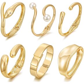 BOMAIL 6pcs Chunky Gold Bangle Bracelet for Women 14k Gold Plated Wide Hinged Cuff Open Bracelet Dainty Minimalist Bangle Jewelry