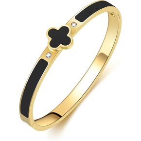 18k Gold Plated Stainless Steel Four Leaf Clover Bracelet for Women - Non-Tarnish, Precision Polished Chunky Gold Bangle in Black, White, Pink, Red Clover Jewelry
