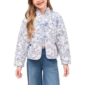 Haloumoning Girls Floral Quilted Jacket Kids Lightweight Cropped Warm Winter Coat 5-14 Years