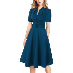 VFSHOW Womens 2024 Business Work Office Short Sleeve Pockets Belted Buttons Elegant Summer Fit and Flare A-Line Dress