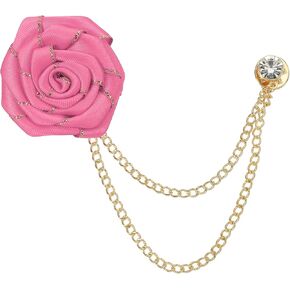 MECCANIXITY Bridegroom Brooches Rose Flower Size Cloth Alloy Lapel Pin with Tassel Chain/Suit Stud/Gold Trim for Wedding Men' Suit Accessories