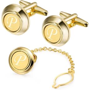 HAWSON Gold Cufflinks and Tie Pins Set for Men, Initial Tie Tack Pins Brooch Personalized Wedding Business Gifts