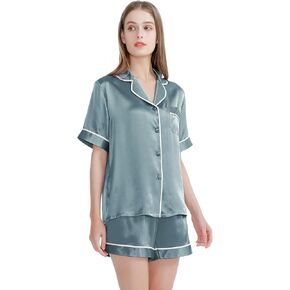 Siik 100 ٪ Mulberry Silk Pajamas مجموعة للنساء ، وقطعة الملابس الداخلية مجموعات صالة لأسفل ملابس النوم مع جيب ، وأكمام قصيرة