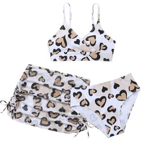 Girl's 3 Pieces Swimsuit Set Graphic Heart Print High Waisted Bikini with Drawstring Skirts Cover Up